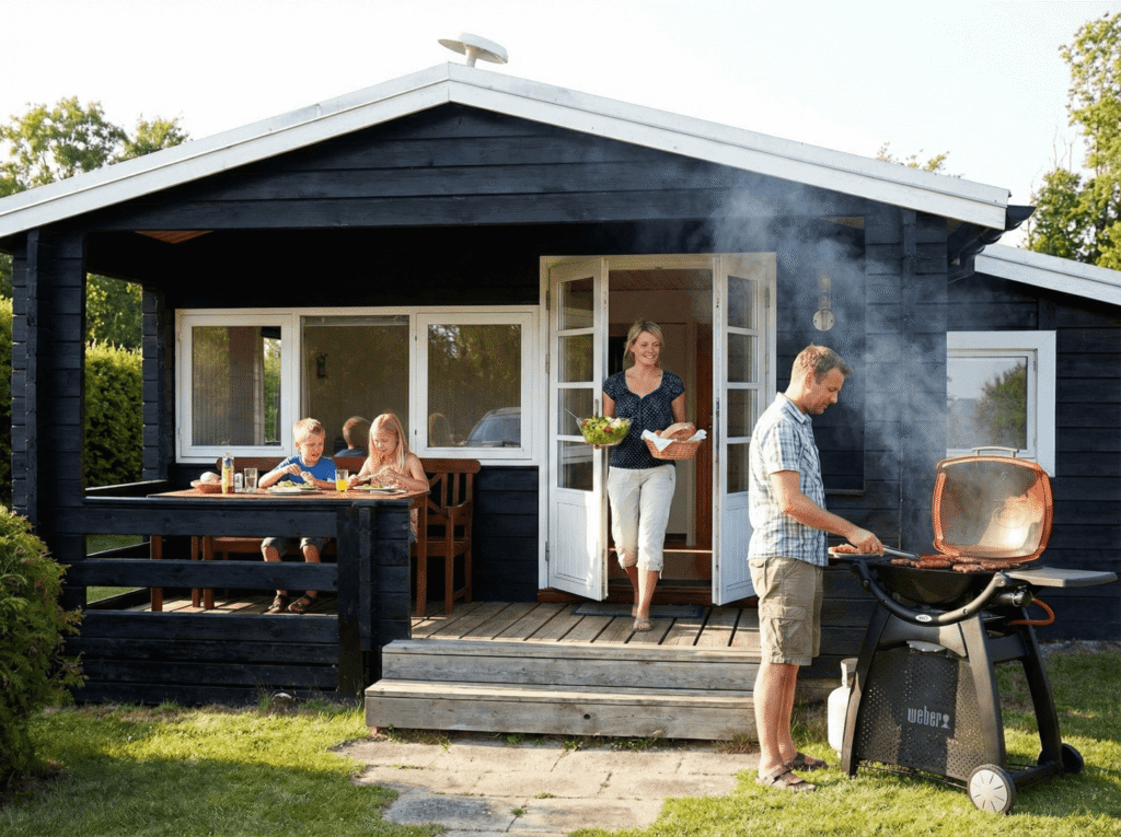 Familie der griller foran campinghytte