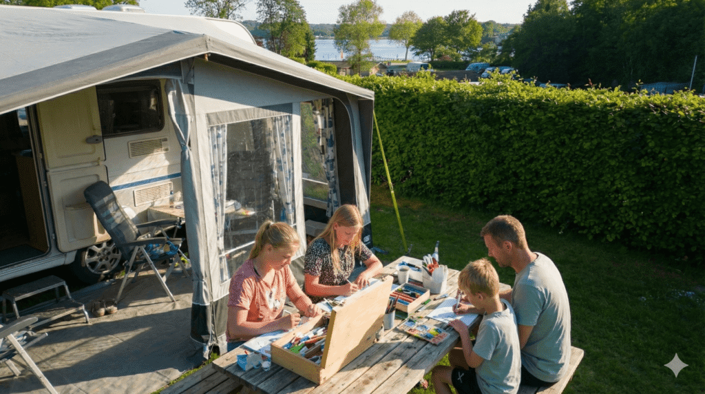 Familie laver kreative aktiviteter ude foran forteltet