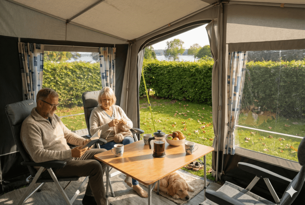 Ældre ægtepar sidder i fortelt på campingplads