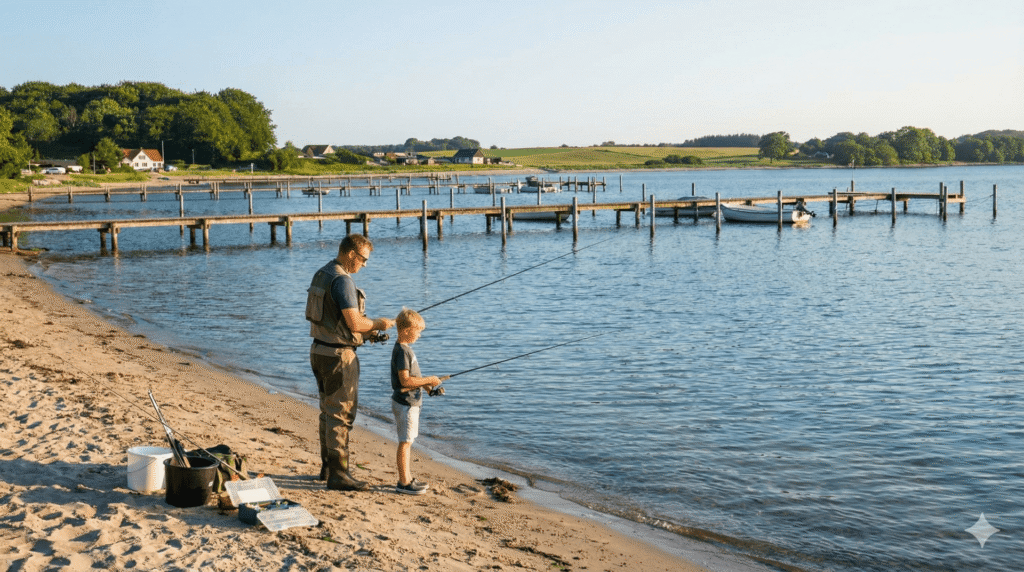 Far og søn fisker fra stranden ved Genner Bugt