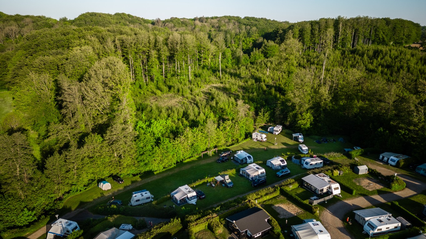 Campingvogne på Sønderballe Strand Camping i grønne omgivelser